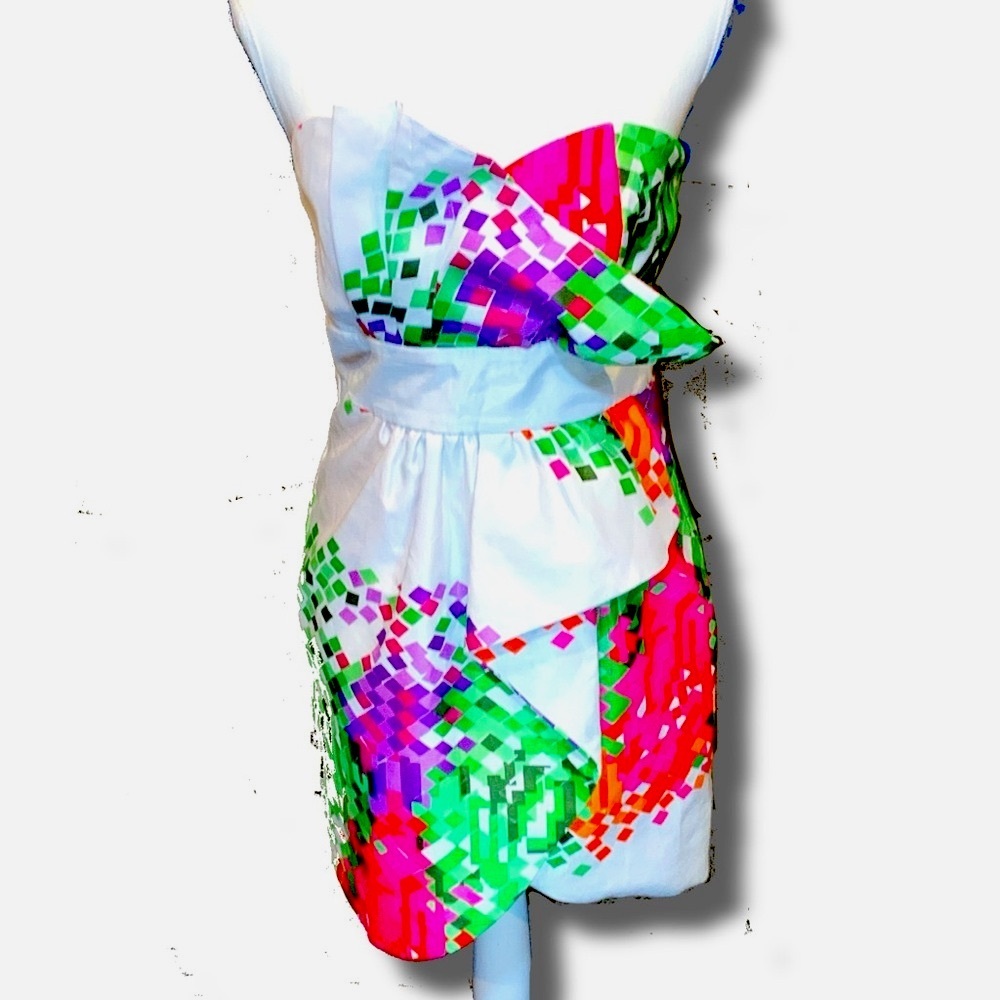Rubber Ducky Productions Geometric Pixel Print Strapless Mini Dress White Medium
